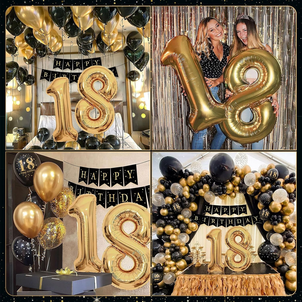 Set Baloane Aniversare Majorat 18 Ani, Cifre Gigant 1 si 8 din Folie, Baloane Latex, Umflare Aer sau Heliu, Pai Inclus, Negru si Auriu