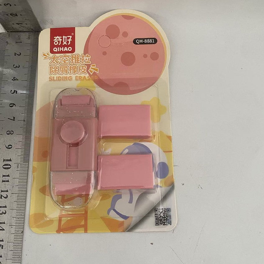 Radiera Retractabila pentru Elevi, Model Astronaut cu Mecanism Push-Pull, Reincarcabila, Plastic si Cauciuc Moale, Include 2 Rezerve, Roz