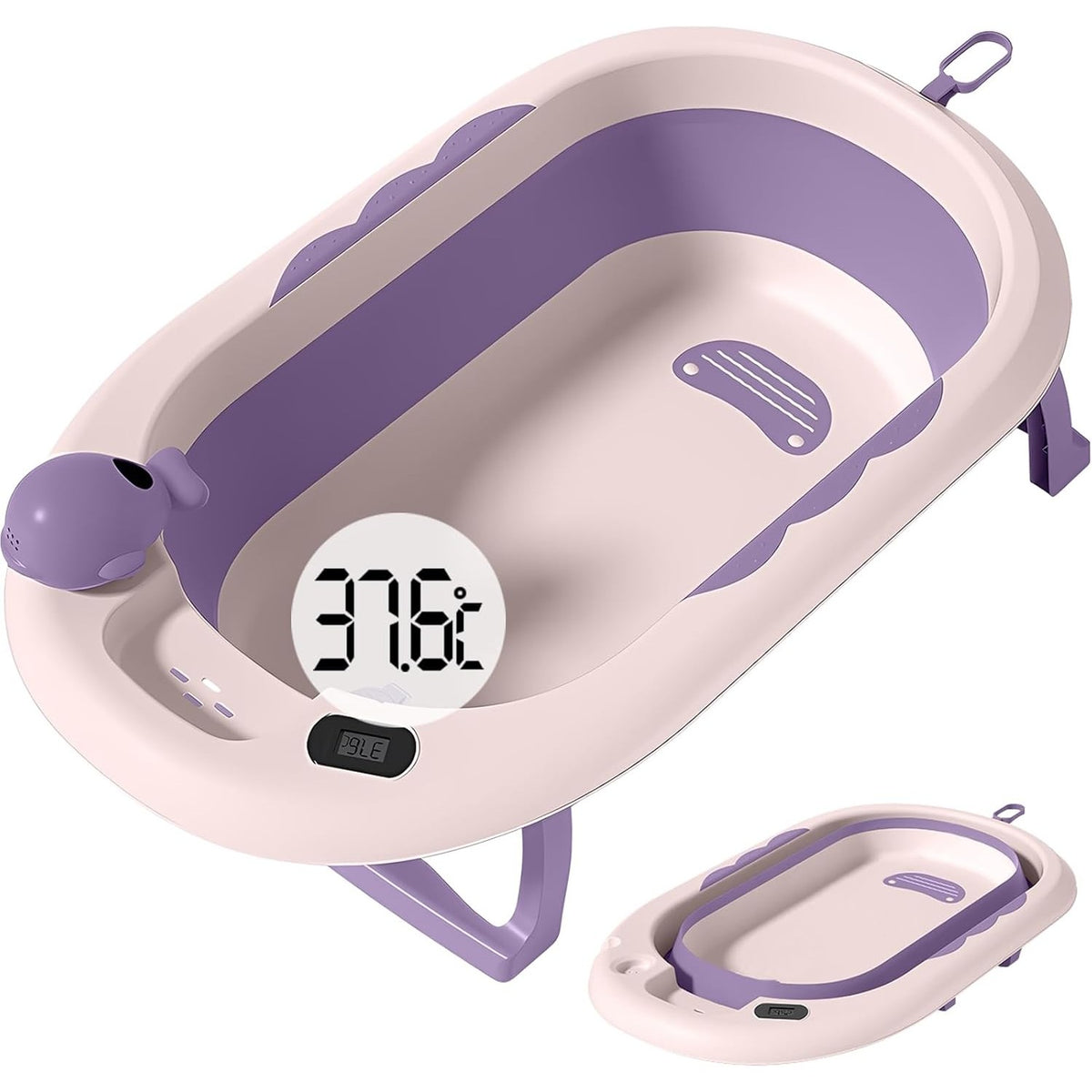 Cada de Baie Pliabila pentru Bebelusi si Copii 0 Luni - 6 Ani, Termometru Digital si Perna Suport Inclusa, Polipropilena si TPE, 81.5 x 49 x 21.5 cm, Mov