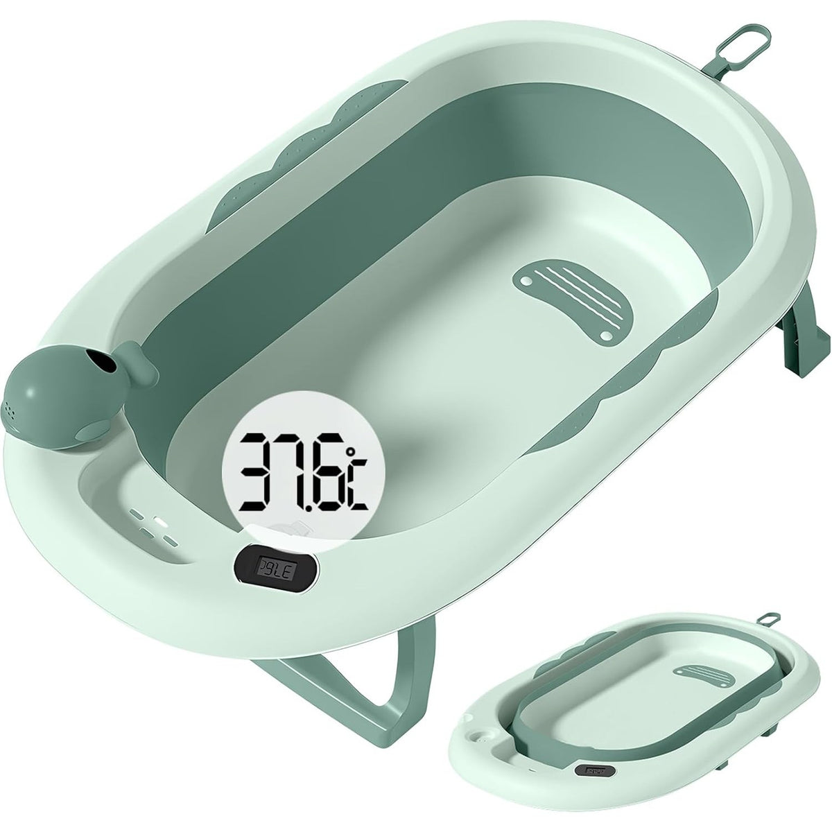 Cada de Baie Pliabila pentru Copii si Bebelusi, Termometru Digital si Perna Suport, Model Balena, Plastic PP si TPE, 0 Luni - 6 Ani, 81.5 x 49 x 21.5 cm, Verde