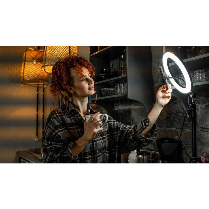 Lampa LED Circulara Ring Light, Trepied Metalic Extensibil 210 cm, Telecomanda, 3 Moduri Lumina, USB, Diametru 26 cm, Negru