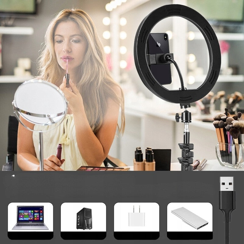 Lampa LED Circulara Ring Light, Trepied Metalic Extensibil 210 cm, Telecomanda, 3 Moduri Lumina, USB, Diametru 26 cm, Negru