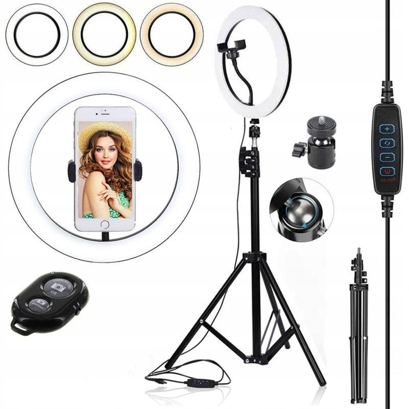 Lampa LED Circulara Ring Light, Trepied Metalic Extensibil 210 cm, Telecomanda, 3 Moduri Lumina, USB, Diametru 26 cm, Negru