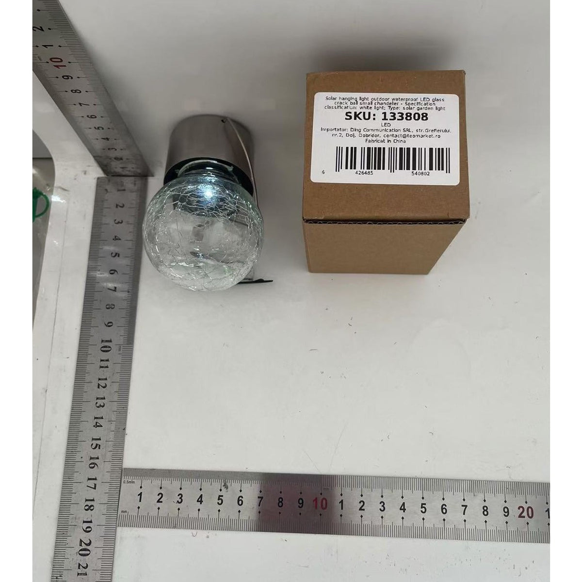 Lampa Solara LED Tip Candelabru, Pendul Decorativ de Exterior, Rezistenta la Apa, Bila din Sticla Crapata, Autonomie 6-12 H, Alb Cald, 9 x 5 cm
