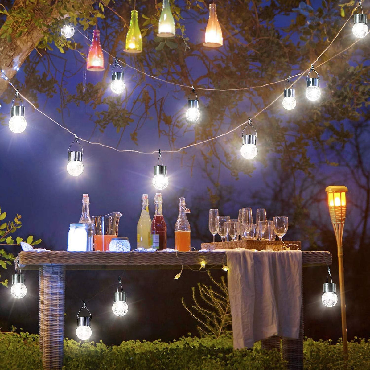 Lampa Solara LED Tip Candelabru, Pendul Decorativ de Exterior, Rezistenta la Apa, Bila din Sticla Crapata, Autonomie 6-12 H, Alb Cald, 9 x 5 cm