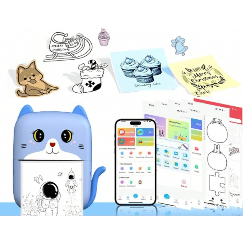Mini Imprimanta Foto Portabila, Conexiune Bluetooth, Tehnologie Termica Fara Cerneala, Design Pisicuta, Incarcare USB, Include 10 Role Hartie si Markere, Plastic ABS, Albastru