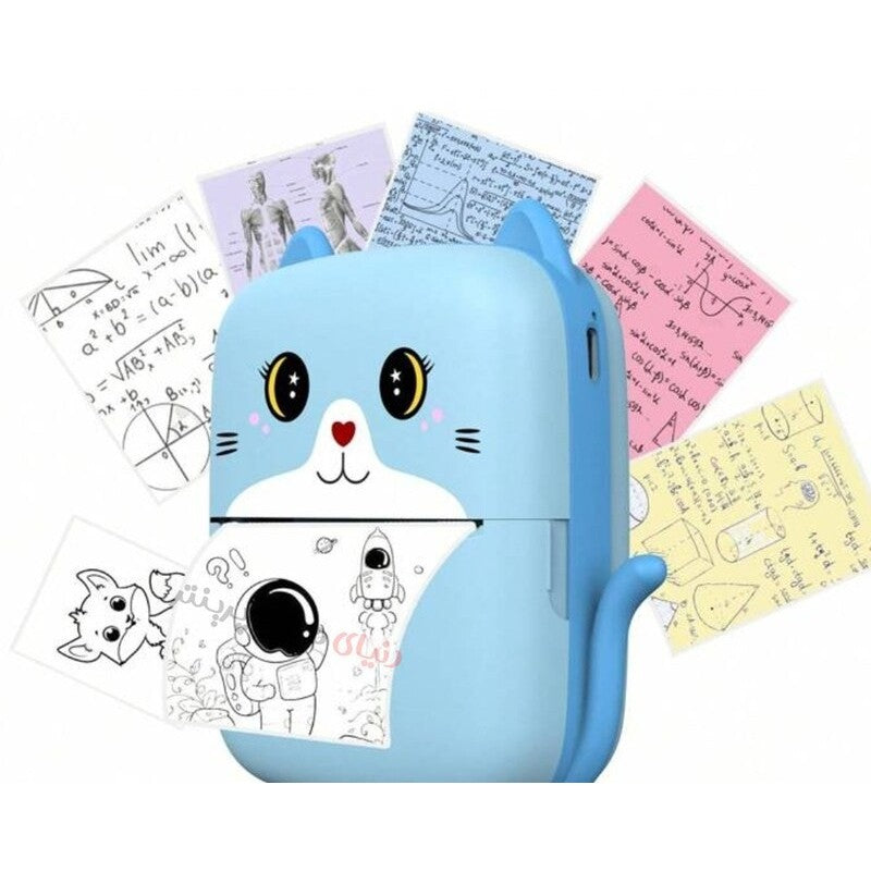 Mini Imprimanta Foto Portabila, Conexiune Bluetooth, Tehnologie Termica Fara Cerneala, Design Pisicuta, Incarcare USB, Include 10 Role Hartie si Markere, Plastic ABS, Albastru