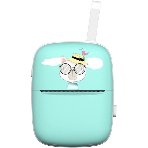 Mini Imprimanta Foto Portabila, Tehnologie Termica Fara Cerneala, Bluetooth, Rezolutie 200 DPI, Conectare Smartphone iOS si Android, Design Pisica, Albastru, Set 11 Accesorii: 10 Role Hartie si Markere