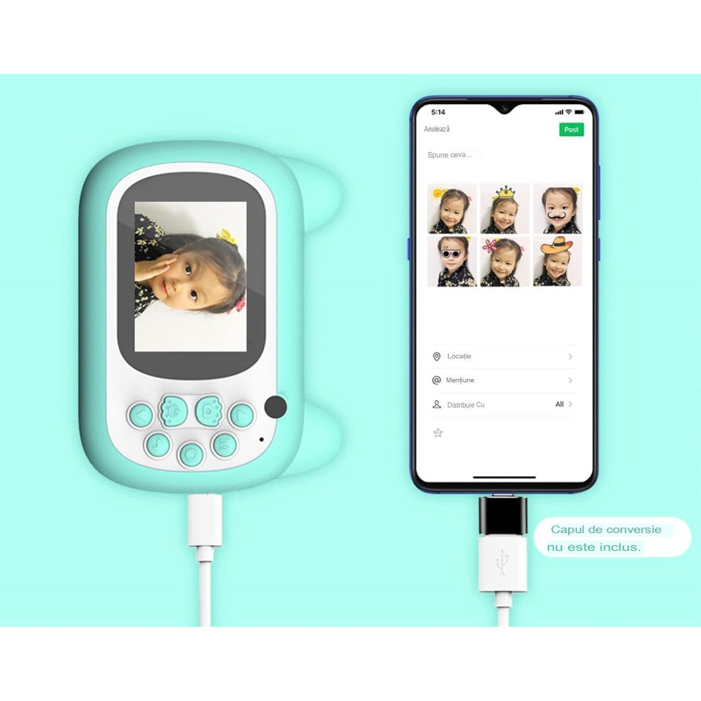 Cameră Foto Instantanee pentru Copii, Selfie Full HD 1080P, Ecran 2.4 Inch, Imprimare Termică Alb-Negru, Bluetooth și Aplicație, ABS și Silicon, Model Pisică Emoji, Bleu