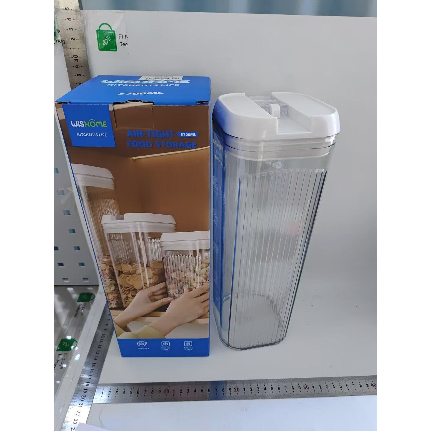 Container Depozitare Alimente si Cereale, Recipient Etans pentru Bucatarie, Plastic Transparent cu Capac Alb, 3.7 Litri, 12.5x12.5x36.5 cm