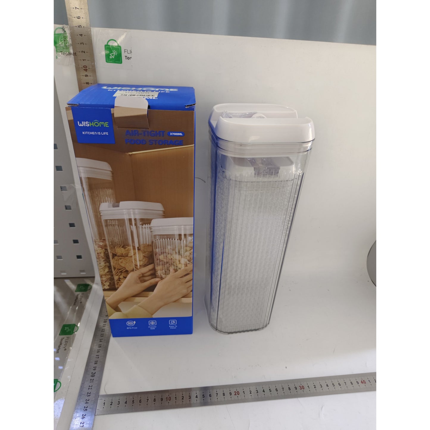 Set 2 Recipiente Depozitare Alimente si Cereale, Containere Organizare Bucatarie, Plastic Transparent cu Capac Alb, 1.2 L si 2.5 L