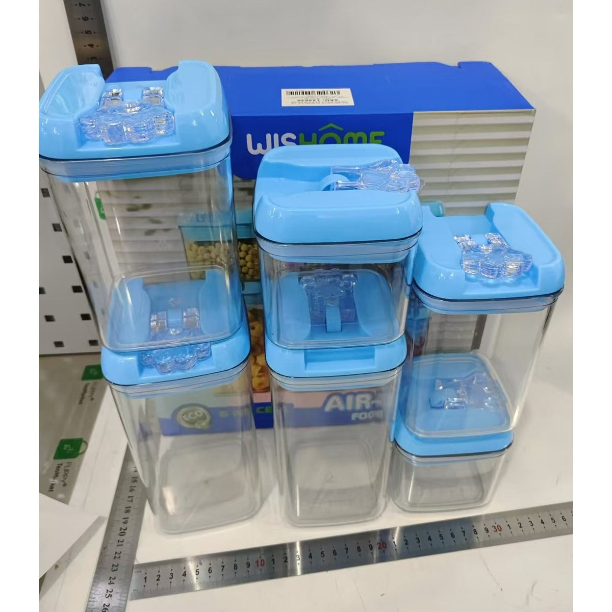 Set 6 Cutii Depozitare Alimente, Recipiente Ermetice Stivuibile, Organizator Bucatarie Transparent, Plastic PP si PET, Capac Albastru, 2x500ml, 2x800ml, 2x1200ml