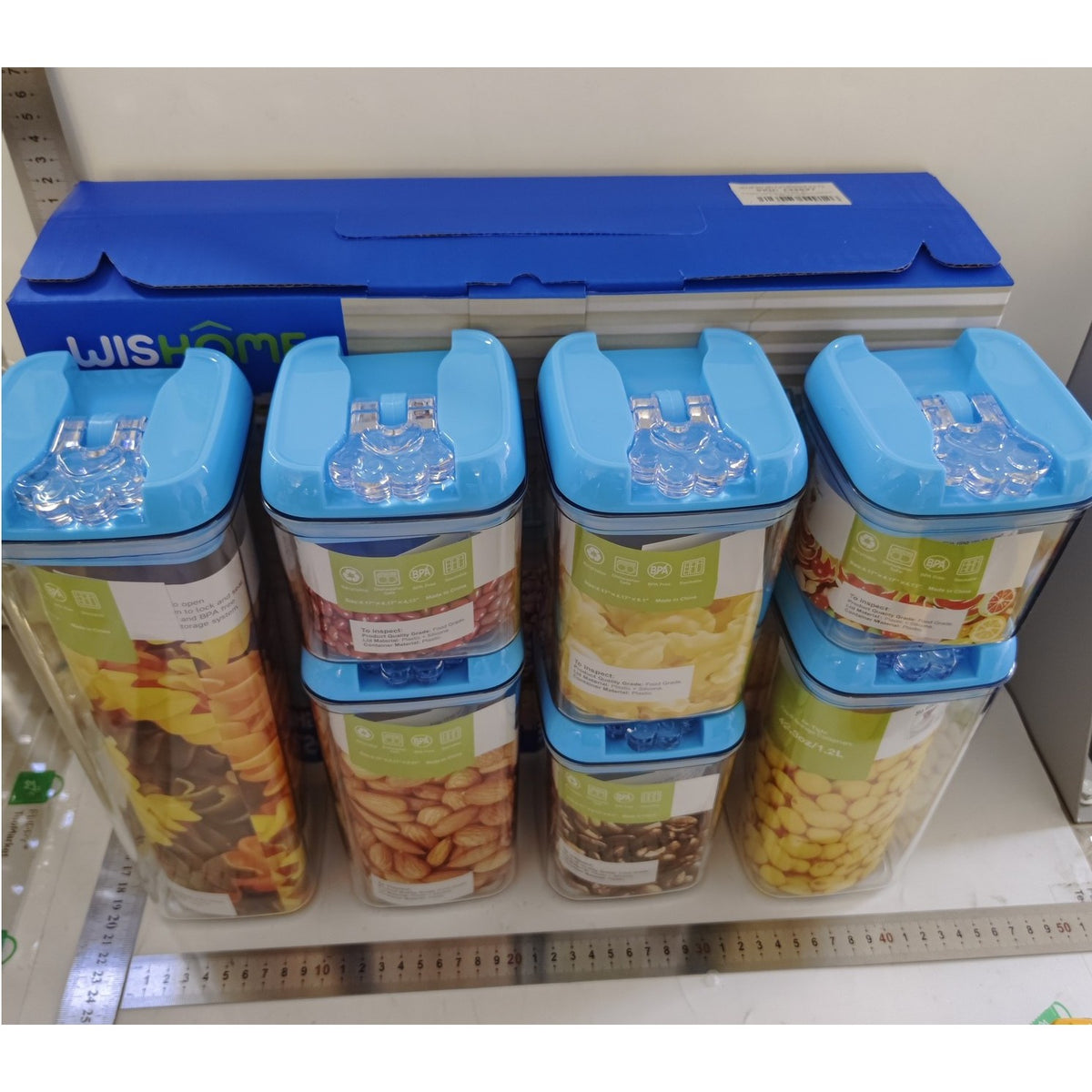 Set 7 Cutii de Depozitare Alimente, Recipiente Stivuibile cu Inchidere Ermetica, Plastic PP si PET Transparent, Capace Albastre, 7 Bucati, 0.5L - 1.9L