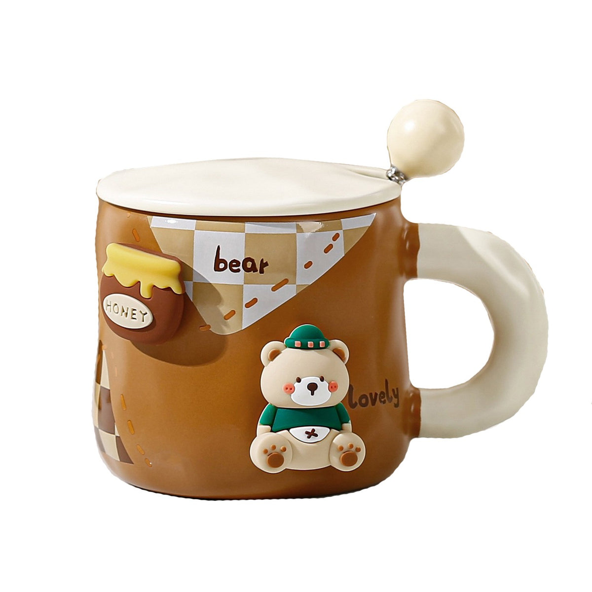 Cana din Ceramica pentru Ceai sau Cafea, Model Urs cu Magnet Detasabil, Capac si Lingura Metalica, 400 ml, Maro