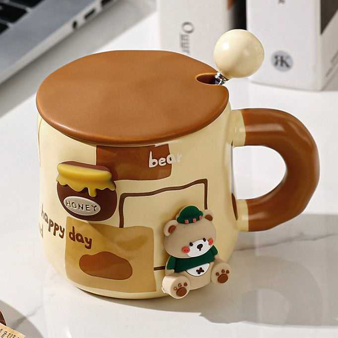 Cana din Ceramica pentru Ceai sau Cafea, Model Urs cu Figurina Magnetica Detasabila, Include Capac si Lingurita Metalica, 400 ml, Bej