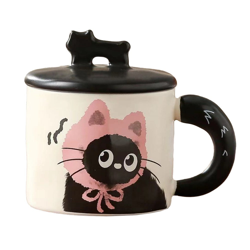 Cana din Ceramica pentru Ceai sau Cafea, Design Retro cu Capac si Figurina 3D, Imprimeu Pisica, Cutie Cadou Inclusa, 360 ml, 9.5 x 8 x 8 cm, Bej cu Roz si Negru
