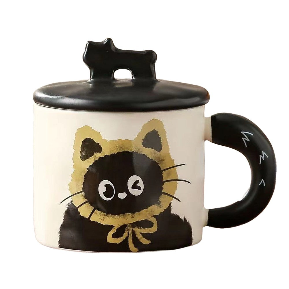 Cana din Ceramica pentru Ceai sau Cafea, Design Retro cu Capac si Figurina 3D, Cutie Cadou Inclusa, Imprimeu Pisica, 360 ml, 9.5 x 8 x 8 cm, Bej