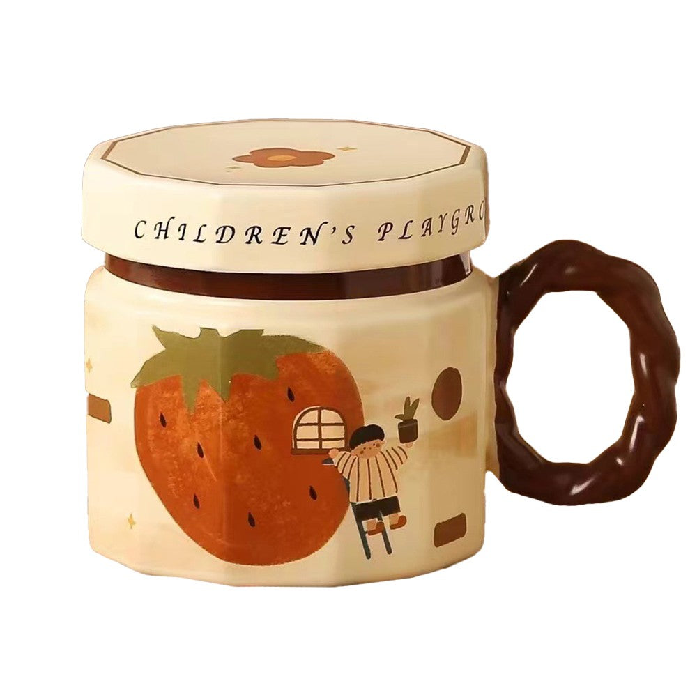 Cana din Ceramica pentru Cafea si Ceai, Model Capsuna, Cana Universala cu Capac, Design Unisex, 400 ml, Bej, 9 x 8 x 8 cm