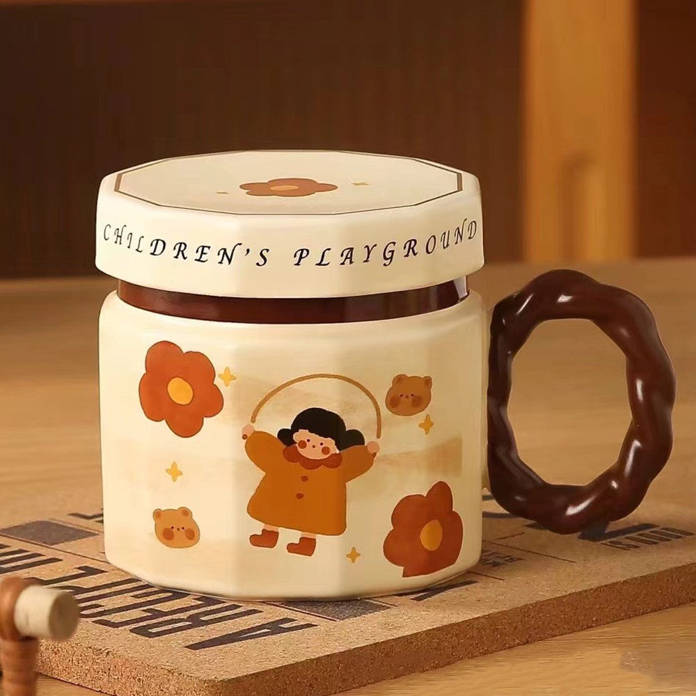 Cana din Ceramica pentru Cafea si Ceai, Model Fetita cu Coarda, Cana Universala cu Capac, Bej, 400 ml, 9 x 8 x 8 cm
