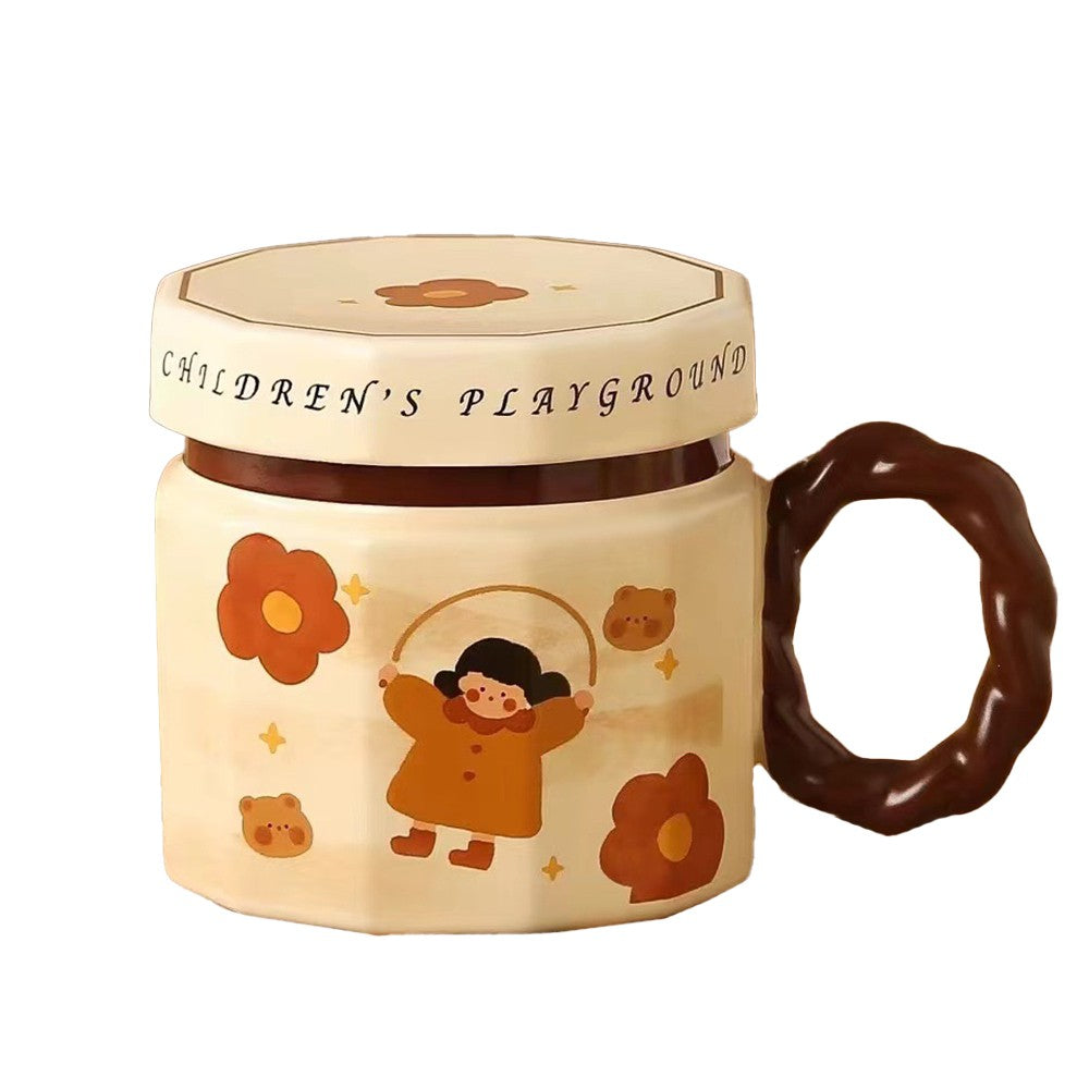 Cana din Ceramica pentru Cafea si Ceai, Model Fetita cu Coarda, Cana Universala cu Capac, Bej, 400 ml, 9 x 8 x 8 cm