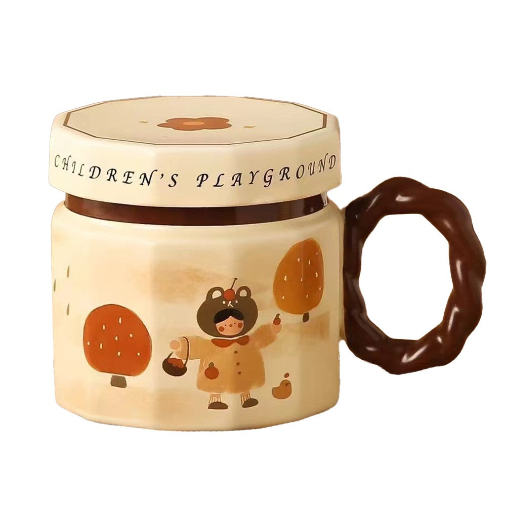 Cana din Ceramica pentru Cafea si Ceai, Cana Universala cu Capac, Model Fetita, Bej, 400 ml, 9 x 8 x 8 cm
