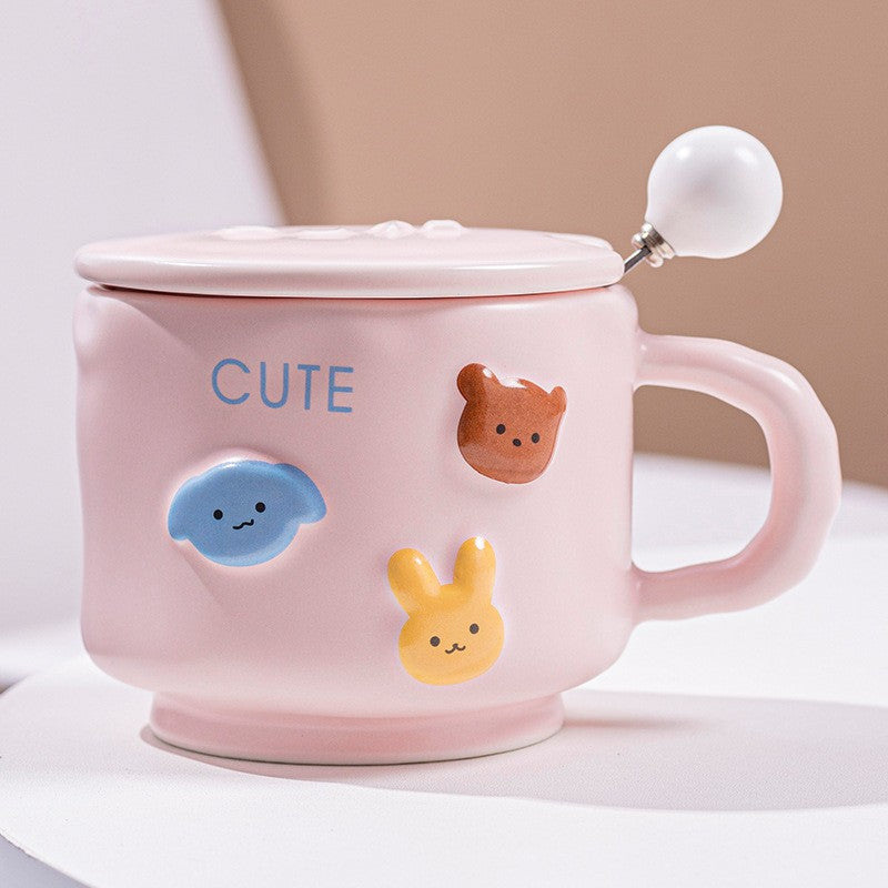 Cana din Portelan pentru Copii, Imprimeu Figurine Animale, Model Cute cu Capac si Lingurita, Ceasca Cafea sau Ceai, 400 ml, Roz
