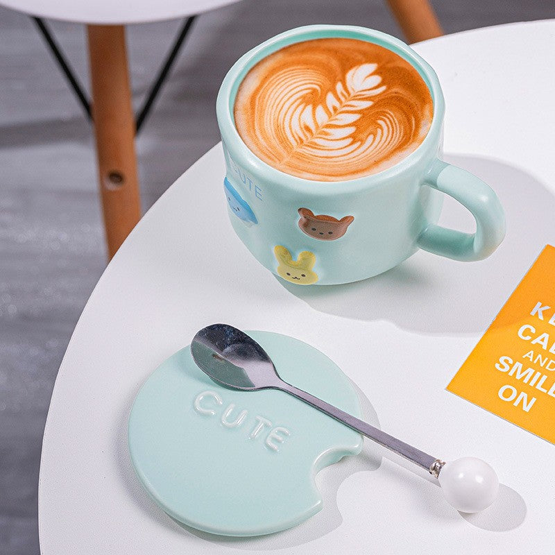 Cana Ceramica pentru Copii cu Model Animalute, Ceasca Portelan pentru Ceai si Cafea, Set cu Capac si Lingurita, 400 ml, Albastru