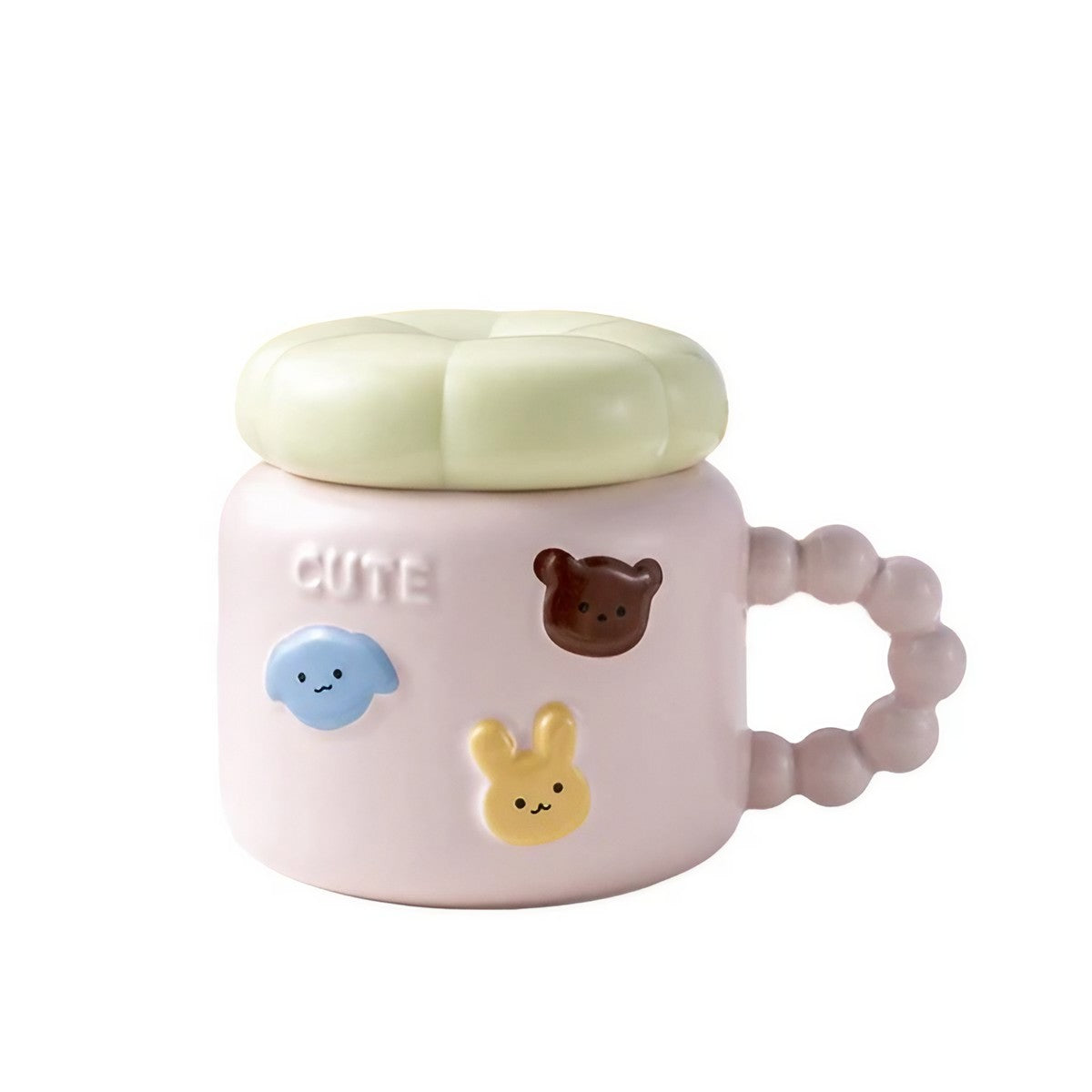 Cana pentru Copii si Cafea, Portelan cu Imprimeu Animale, Model Cute, Capac Inclus, 400 ml, Roz