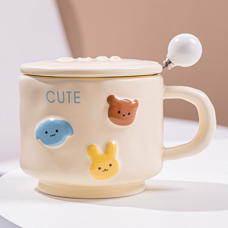 Cana din Portelan pentru Copii cu Design Animalute, Cana Ceramica pentru Ceai si Cafea, Model Cute cu Capac si Lingurita, 400ml, Galben