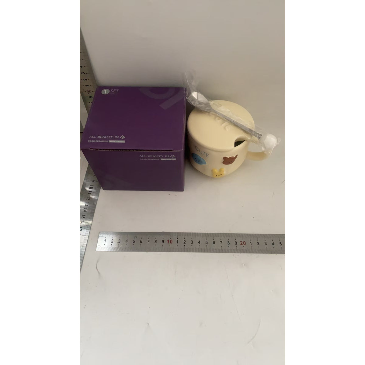 Cana din Portelan pentru Copii cu Design Animalute, Cana Ceramica pentru Ceai si Cafea, Model Cute cu Capac si Lingurita, 400ml, Galben