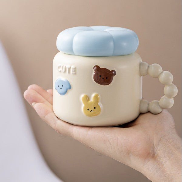 Cana pentru Copii si Cafea, Model Cute cu Figurine Animale, Portelan cu Capac, 400ml, Galben Deschis