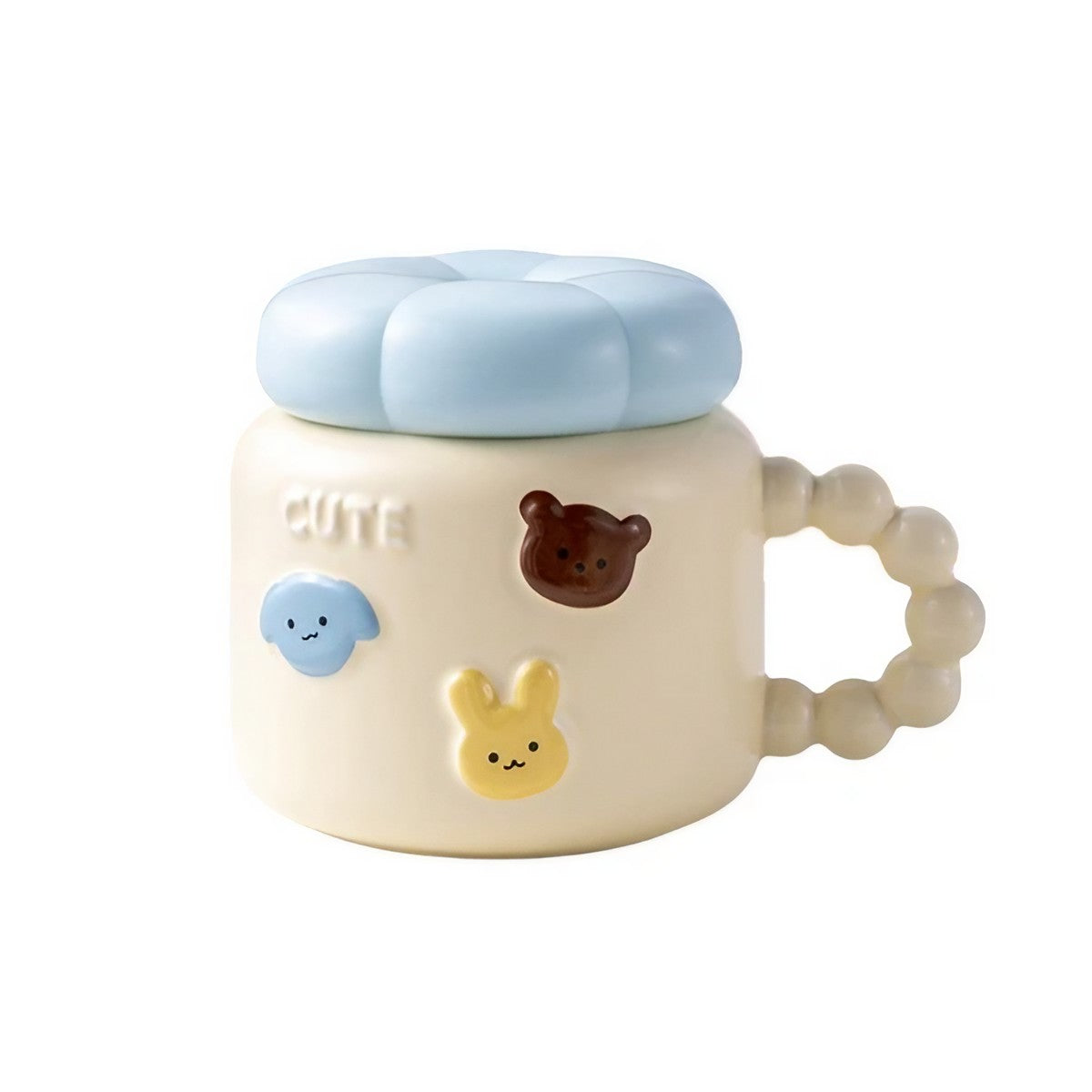 Cana pentru Copii si Cafea, Model Cute cu Figurine Animale, Portelan cu Capac, 400ml, Galben Deschis