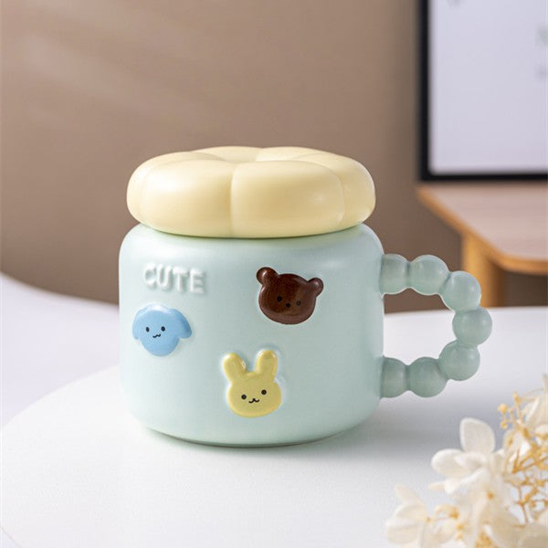 Cana Copii din Portelan cu Capac, Model Cute cu Figurine Animalute, Ceasca pentru Ceai sau Cafea, 400 ml, Albastru Deschis