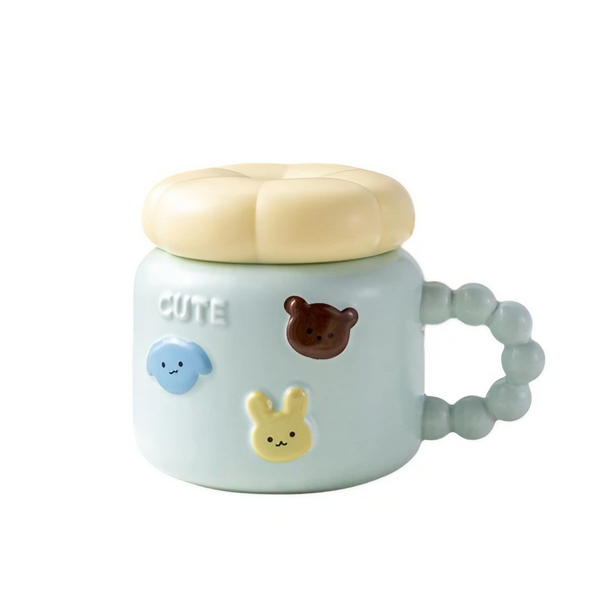 Cana Copii din Portelan cu Capac, Model Cute cu Figurine Animalute, Ceasca pentru Ceai sau Cafea, 400 ml, Albastru Deschis