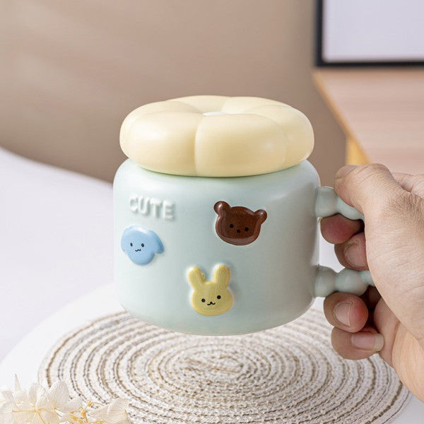 Cana Copii din Portelan cu Capac, Model Cute cu Figurine Animalute, Ceasca pentru Ceai sau Cafea, 400 ml, Albastru Deschis