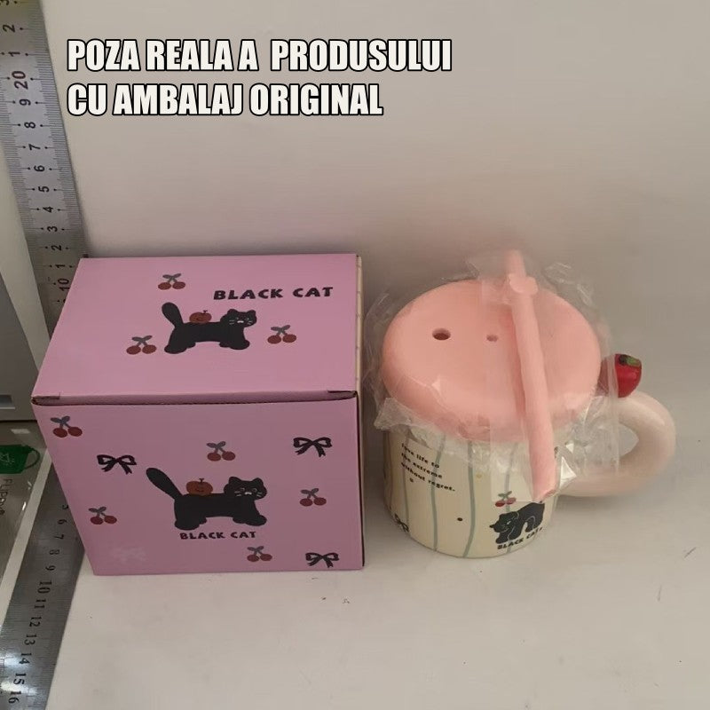 Cana Din Ceramica Cu Capac Si Pai Din Silicon, Model Pisica Cute A, Pentru Cafea Si Ceai, Roz, 380 ml, 9x8.5 cm