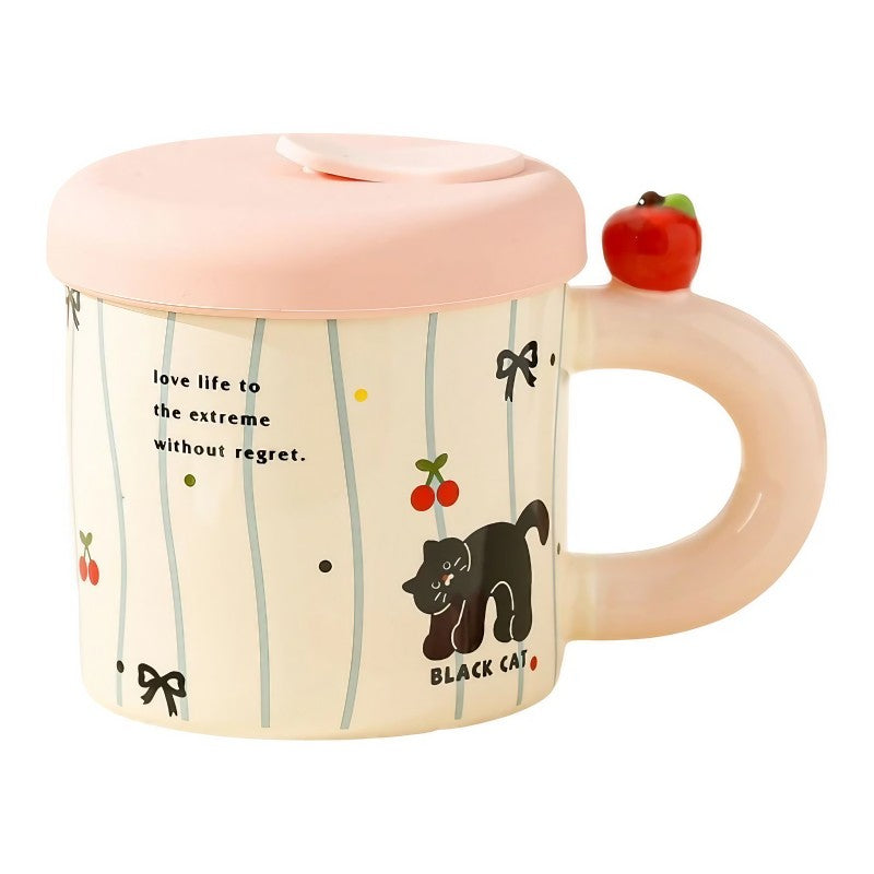 Cana Din Ceramica Cu Capac Si Pai Din Silicon, Model Pisica Cute A, Pentru Cafea Si Ceai, Roz, 380 ml, 9x8.5 cm