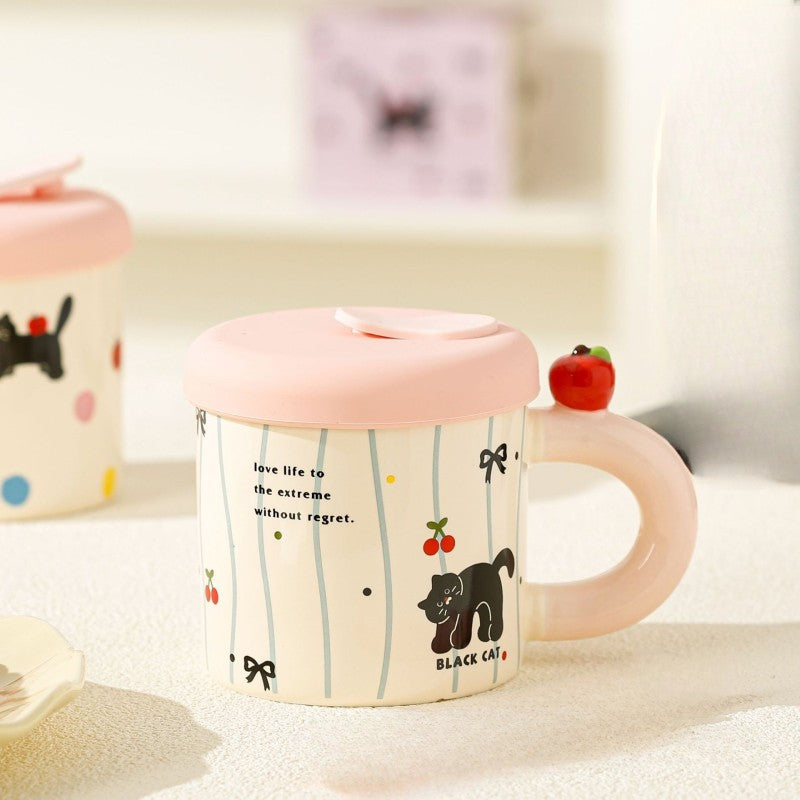 Cana Din Ceramica Cu Capac Si Pai Din Silicon, Model Pisica Cute A, Pentru Cafea Si Ceai, Roz, 380 ml, 9x8.5 cm