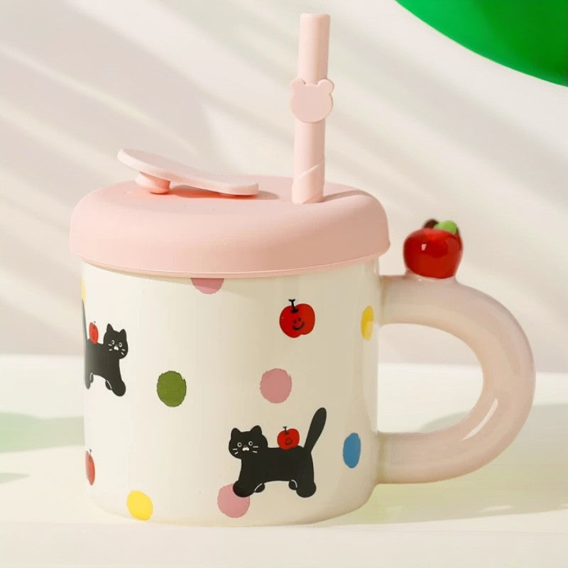 Cana din Ceramica cu Capac si Pai din Silicon, Model Pisicute si Buline Colorate, Accesorii Roz, 380 ml, 9x8.5 cm