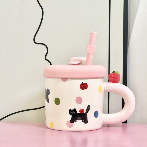 Cana din Ceramica cu Capac si Pai din Silicon, Model Pisicute si Buline Colorate, Accesorii Roz, 380 ml, 9x8.5 cm