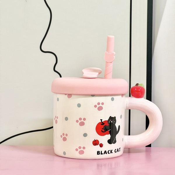 Cana din Ceramica cu Capac si Pai din Silicon, Model Pisica si Labute Kawaii, Maner cu Mar in Relief, 380 ml, Roz/Multicolor