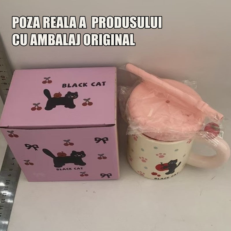 Cana din Ceramica cu Capac si Pai din Silicon, Model Pisica si Labute Kawaii, Maner cu Mar in Relief, 380 ml, Roz/Multicolor