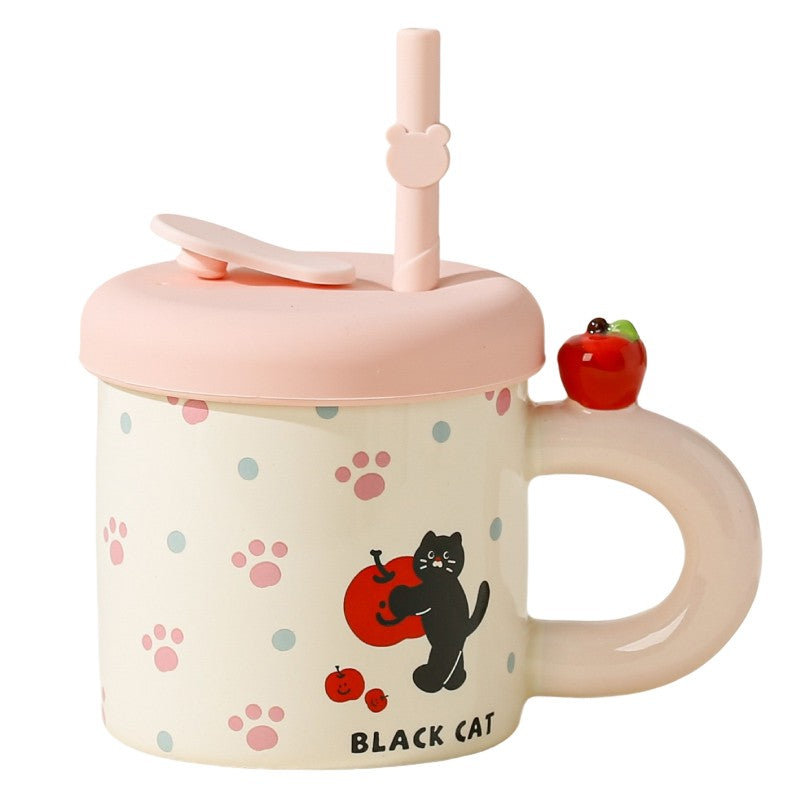 Cana din Ceramica cu Capac si Pai din Silicon, Model Pisica si Labute Kawaii, Maner cu Mar in Relief, 380 ml, Roz/Multicolor