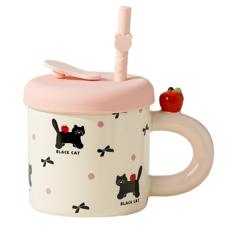 Cana din Ceramica cu Capac si Pai din Silicon, Model Cute C cu Pisici si Fundite, Design Jucaus cu Mar pe Toarta, Roz, 380 ml, 9x8.5 cm