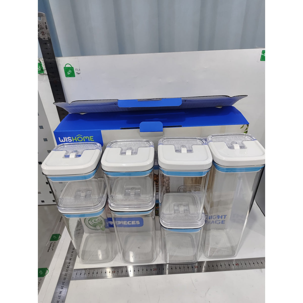 Set 7 Recipiente Depozitare Alimente, Cutii Tip Container pentru Cereale si Ingrediente Bucatarie, Plastic Transparent, Capace Ermetice Alb-Albastru, 2x0.5L, 2x0.8L, 2x1.2L, 1x1.9L
