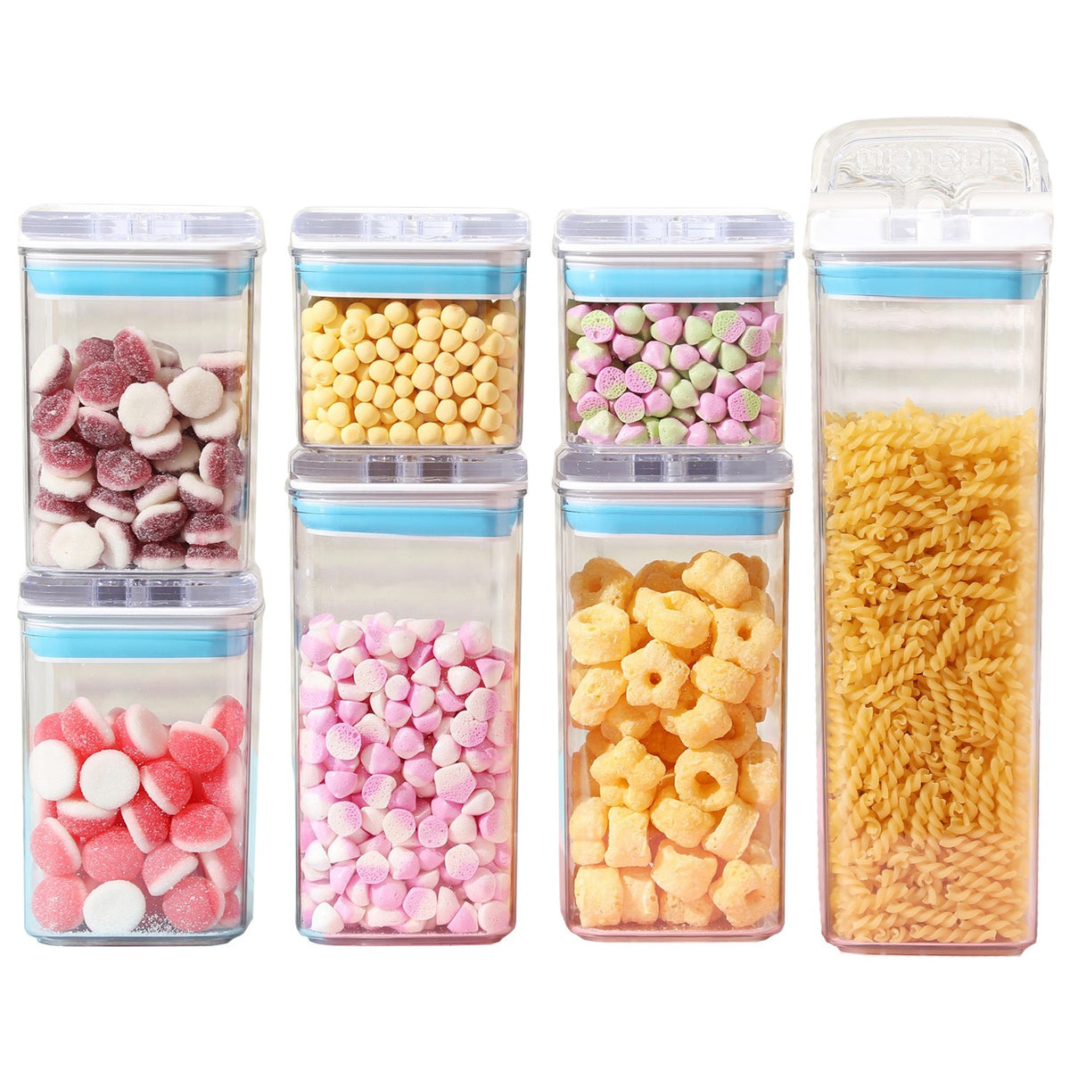 Set 7 Recipiente Depozitare Alimente, Cutii Tip Container pentru Cereale si Ingrediente Bucatarie, Plastic Transparent, Capace Ermetice Alb-Albastru, 2x0.5L, 2x0.8L, 2x1.2L, 1x1.9L