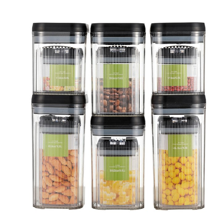 Set 12 Recipiente Depozitare Alimente si Cereale, Containere Organizare Bucatarie cu Capac Ermetic, Plastic Transparent, Capace Negre, 0.5 L - 2.5 L