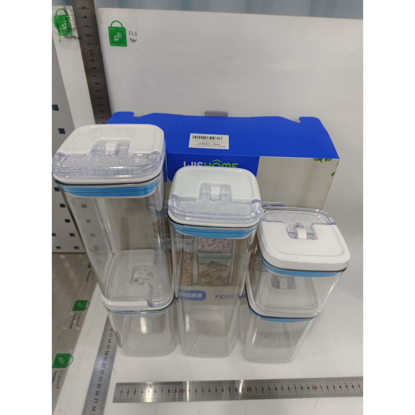 Set 5 Cutii Depozitare Alimente si Cereale, Recipiente Hermetice pentru Organizare Bucatarie, Plastic Transparent cu Capac Albastru si Alb, 5 Piese: 1x0.5L, 2x0.8L, 1x1.2L, 1x1.9L