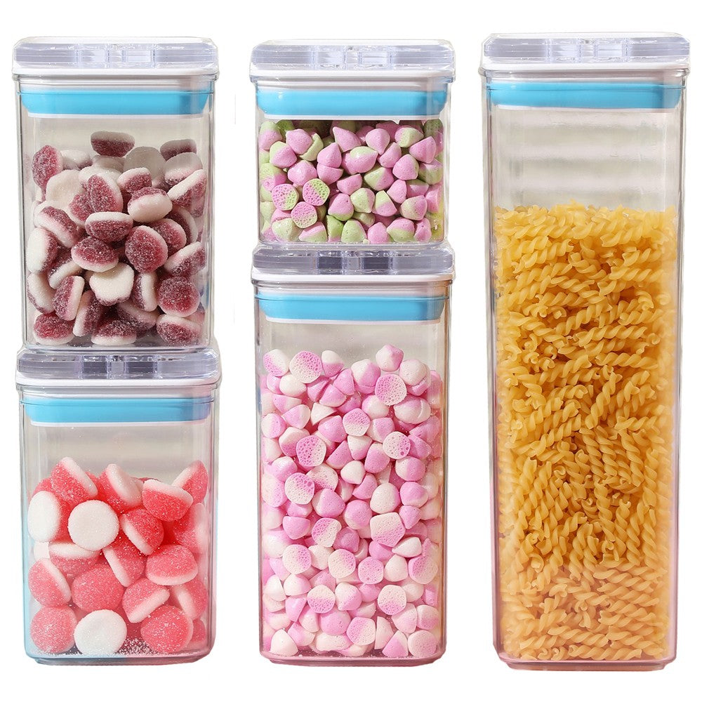 Set 5 Cutii Depozitare Alimente si Cereale, Recipiente Hermetice pentru Organizare Bucatarie, Plastic Transparent cu Capac Albastru si Alb, 5 Piese: 1x0.5L, 2x0.8L, 1x1.2L, 1x1.9L