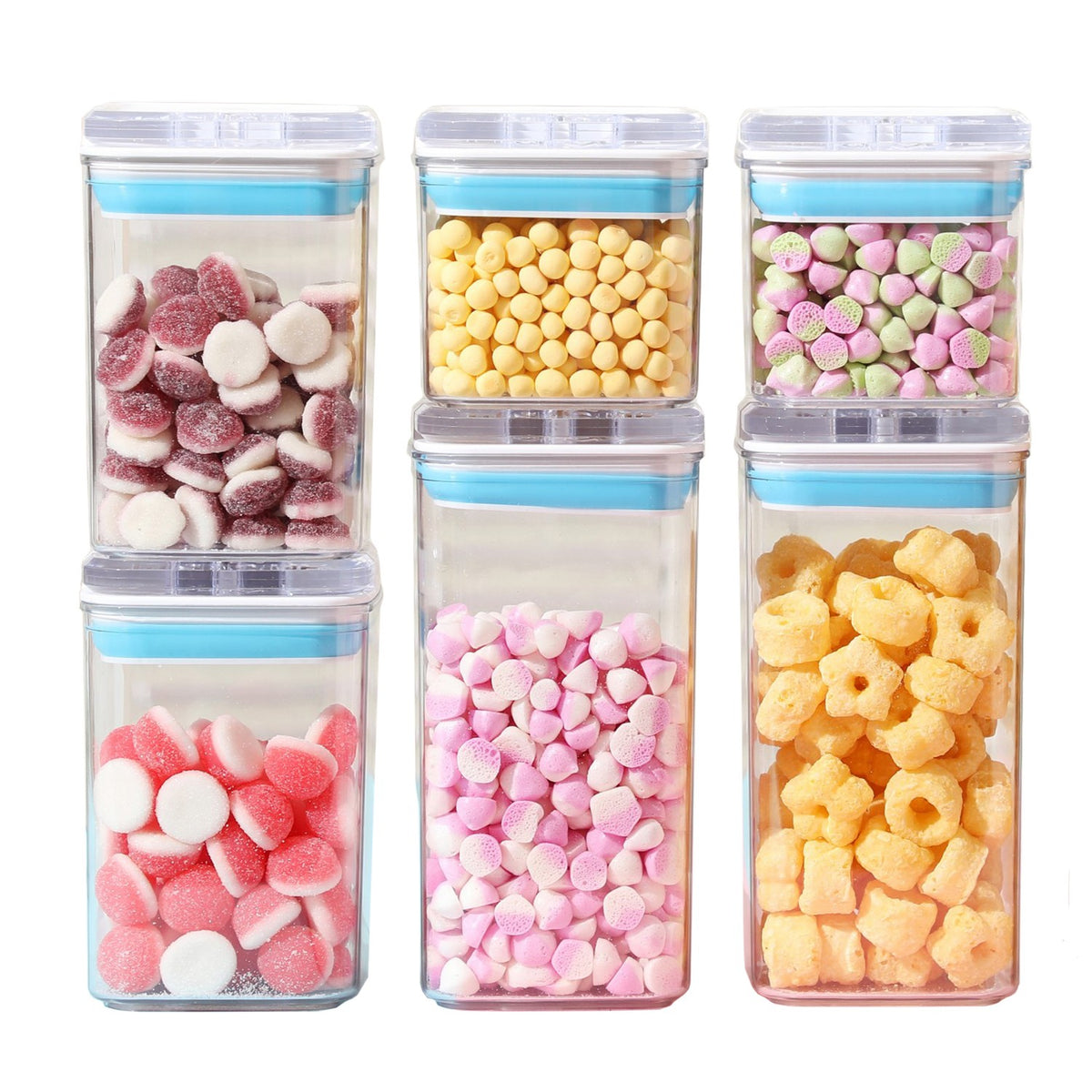 Set 6 Recipiente Depozitare Alimente si Cereale, Containere Organizare Bucatarie cu Capac Etans, Plastic Transparent, 2 x 0.5 L, 2 x 0.8 L, 2 x 1.2 L, Albastru-Alb